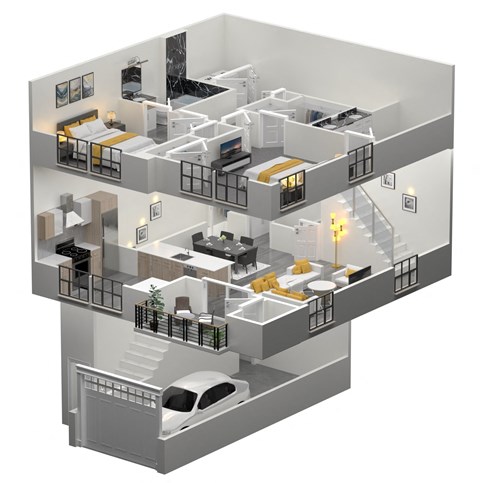 3d digital rendering of a house showing the floor plan withartments and a car at The Franklin Marlboro Apatments, Marlboro, New Jersey